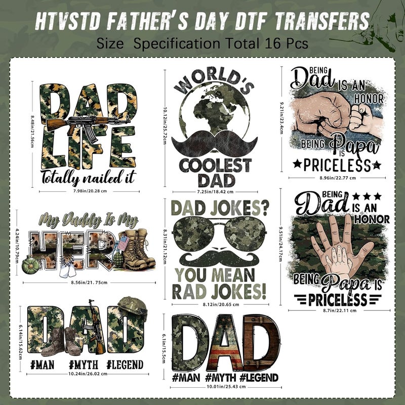 HTVSTD 16 Sheets Father's Day Iron on Transfers DTF Transfers Ready to Press Camo Papa Iron on Decals for T-Shirts Retro Camo Dad Heat Transfer Vinyl Iron on Decals for DIY Patches Decals - Image 2